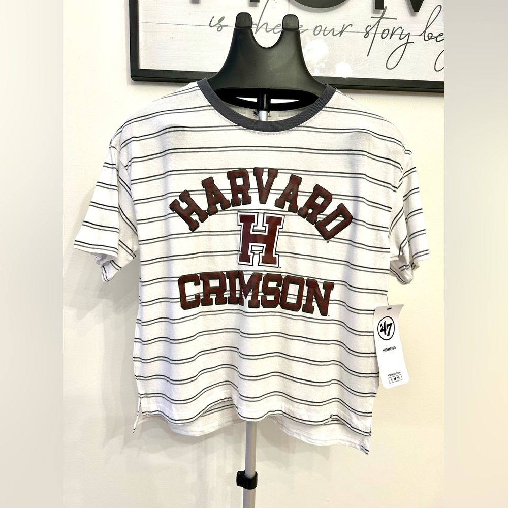 NWT 47 Women's Harvard Crimson Tobie Stripe T-Shirt, Size Small - White